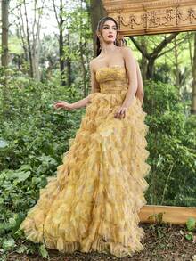 Elisanya Ruffle Bust Sweetheart Neck Layered Mesh Ruffle Hem Cocktail Dress Party - Yellow - View 6