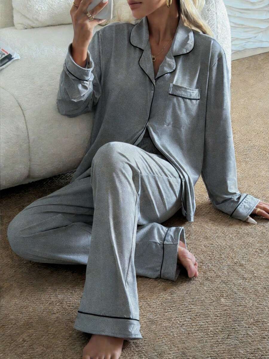Nina Bonheur 2pcs Women Notched Collar Long Sleeve Pajama Set - Comfortable Casual Sleepwear & Loungewear - 灰色 - 查看 1