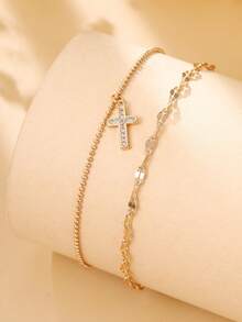 2pcs Rantai Bibir Elegan Tembaga Faith, Set Gelang Kaki Salib Zirkonia Tembaga untuk Wanita, Musim Panas Pantai - Yellow Gold - View 6