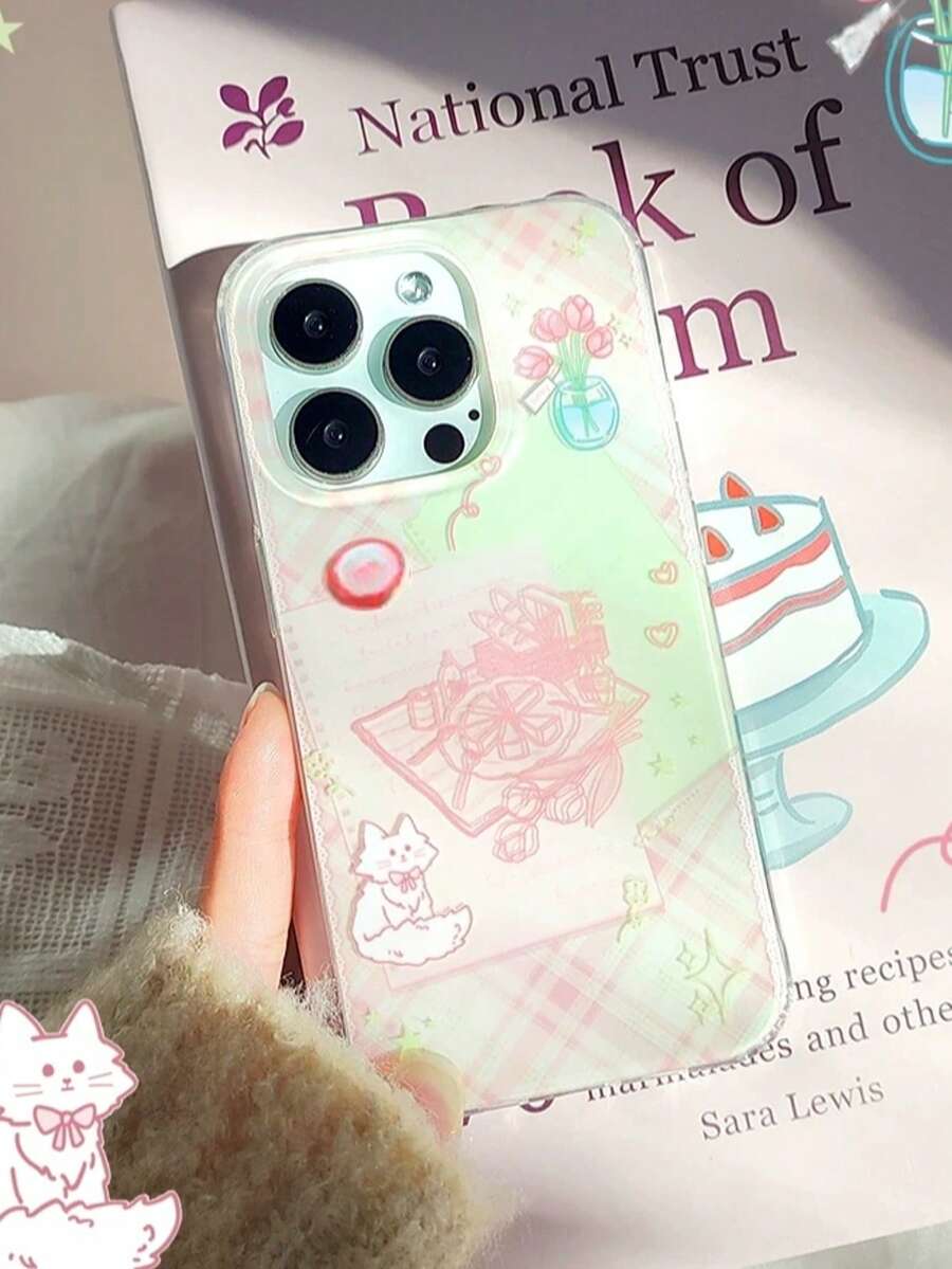 1pc Pastel Plaid Cat & Flower Phone Case, Shockproof Soft Cover, Compatible With Apple IPhone17 IPhone17Promax 16ProMax 16Pro 16 15Promax 15Pro 14 13 12 11 Phone Covers, Perfect Gift For Girls On Festivals - Pink - View 1