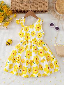 BASUSARRI 度假风斜肩印花连衣裙，优雅女士连衣裙，百搭时尚少女度假沙滩外出连衣裙，夏季女童连衣裙 - 黃色 - 查看 2