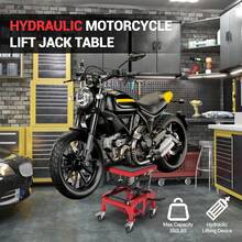 Gato hidráulico de elevación para Motocicleta, Capacidad de 350 Libras, Altura de elevación de 13.6-34.3 Pulgadas, Mesa de elevación de Tijera con Cubierta Ancha y Ruedas de Bloqueo para Motocicleta - Rojo - Ver 7