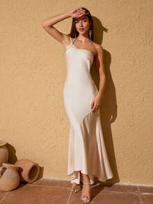 LOVE&LEMONADE 杏色缎面不对称露背系带长款美人鱼伴娘晚礼服 - 杏色 - 查看 4