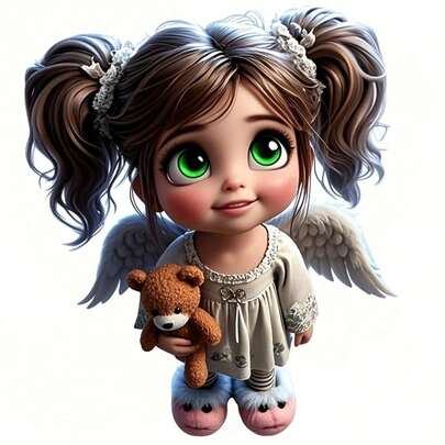 1/2/3片装可爱卡通天使女孩图案，配有泰迪熊和花朵翅膀，适合DIY热转印装饰，可用于制作T恤和枕头。多种颜色可选，耐用可水洗塑料材质，适用于背包、靠垫、裤子、沙发套等，耐洗不褪色，可用于T恤印花。