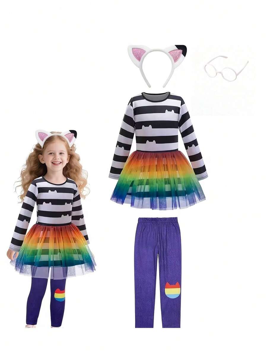 Bộ trang phục hóa trang Halloween/Lễ hội cho bé gái 3-8 tuổi, gồm váy, quần, băng đô và kính. - Đen và trắng - Xem 1