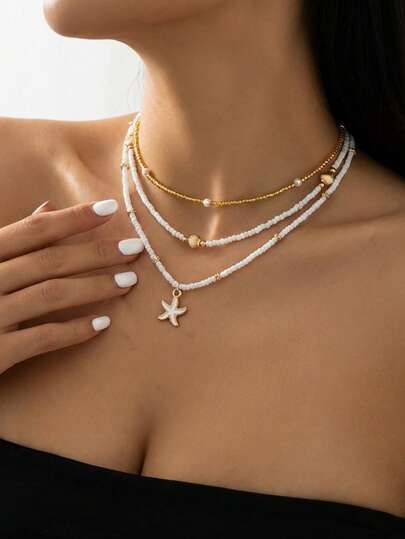 3pcs Bohemian Style Starfish, Shell, Fish Tail Beaded Necklace Jewelry, Layered Beachwear Accessories, Versatile For Women, Daily, Party, Valentine's Day, Summer Gift