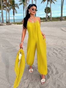AIJ Amarillo Yellow Sexy Spaghetti Strap Loose Waist Design Casual Jumpsuit, Outerwear Jumpsuit, Holiday Beach Outfit, Music Festival Outfit, Spring/Summer New Women's Fashion - Mustard Yellow - View 6