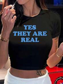 Y2K-Style Women's Cropped Top. Fashion Women's Wear Black Short T-Shirt With Blue "YES THEY ARE REAL" Letter Pattern - Black - View 6