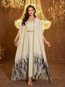 SUPGIR 女士方领亮片拼接蝙蝠袖褶皱胸部雪纺优雅晚礼服 - 杏色 - 查看 1