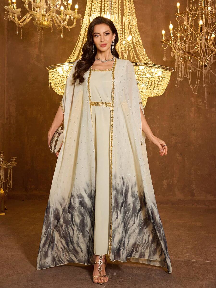 SUPGIR 女士方领亮片拼接蝙蝠袖褶皱胸部雪纺优雅晚礼服 - 杏色 - 查看 1