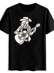 Men Country Music Guitar Cowgirl Print T-Shirt Western Theme Short Sleeve Round Neck Summer Casual Tee With Hat Boots Design Lightweight Breathable For Concerts Festivals Ranch Outfits - 黑色1 - 查看 1