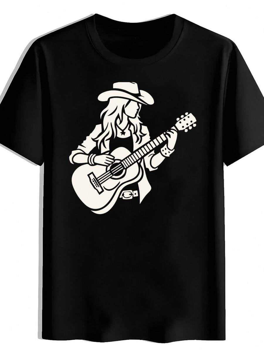 Men Country Music Guitar Cowgirl Print T-Shirt Western Theme Short Sleeve Round Neck Summer Casual Tee With Hat Boots Design Lightweight Breathable For Concerts Festivals Ranch Outfits - 黑色1 - 查看 1