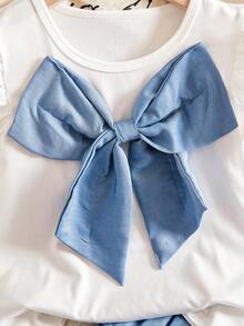 Conjunto de vestido de pastel con lazo dulce para niñas pequeñas - Camiseta blanca con mangas con volantes + Falda plisada azul de varias capas con decoración de lazo grande + Cintura elástica, Estilo princesa Conjunto de 2 piezas para verano, Adecuado para fiesta de cumpleaños, salir con amigos, uso diario, primavera/verano - Azul - Ver 7