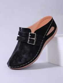 Women's New Round Toe Casual Style Double Buckle Decor Design, Comfortable & Versatile, Black, Retro Platform Slip-On Loafers - Black - View 9