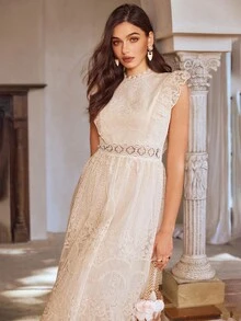 Simplee 女士春夏新款网纱刺绣荷叶边无袖连衣裙，适合婚礼和派对穿着 - 杏色 - 查看 2