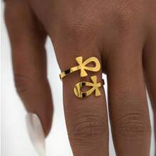 JWIGP Ankh Cross Adjustable Ring – Gold Plated Chunky Statement Band, Egyptian Sym.Bol Jewelry, Stainless Steel Spiritual Thumb Index Midi Retro Vintage Fashion Accessory For Women Men - 金環 - 查看 6