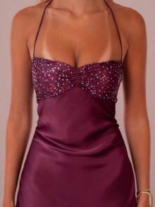 2026 New Arrival Women's European American Summer Dress - Sexy Strapless Sequin Satin Solid Color Backless Tie Hip-Hugging Long Dress - 紫色 - 查看 4