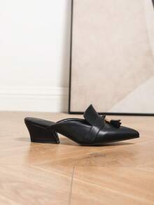 Klassische Mode Spitze Zehen Fransen Mule Plateau Absatz Schuhe, vielseitig für den Arbeitsweg, elegant für Urlaub, Party, Lässig oder Businesskleidung, PU-Leder schwarze High Heel Pumps ohne Rückenteil für Frauen, Herbst/Winter - Schwarz - Übersicht 5