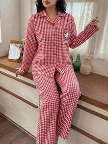 2pcs Sanrio Hello Kitty Pajama Set, Long Sleeve Plaid Print Shirt Top + Pants, Cute Large Print - Red - View 4