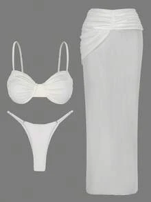 3 PiecesSwimsuit Bikini Set Solid Sexy Balconette Bikini Beach Half Skirt 2026 Women Summer Seaside Holiday Wear Bathing Suit Swimwear Vacation Outfit - White - View 5