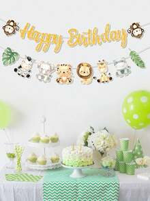 1 Set Jungle Wild Animal Theme Birthday Banner, Cute Animals And Tropical Leaves Paper Bunting, Birthday Party Decoration And Celebration Backdrop - Multicolor - View 5