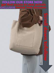 Solid Color Men's One Shoulder Tote Bag, Versatile Shopping Bag, Striped Large Capacity Canvas Bag - Beige - View 2