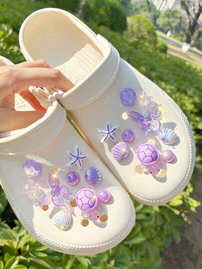 18个紫色海龟鞋饰，紫色海洋系列鞋饰，可拆卸鞋夹，时尚优雅，适用于镂空凉鞋、拖鞋，是节日送礼佳品。