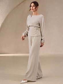 舒适针织面料女士直筒长裤 高弹力长裤 春季款 - 淺麻色 - 查看 6