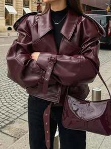 Áo khoác da ngắn tay kiểu dáng raglan thời trang thường ngày mới của Seelio dành cho nữ mùa Thu/Đông - Áo khoác da nữ phong cách mô tô - Xuân Hè - Màu Đỏ Sâu - Xem 1