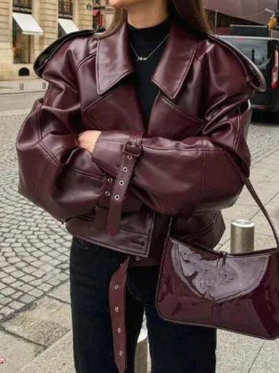 Seelio Women Autumn/Winter New Casual Fashion Raglan Shoulder Motorcycle Short Leather Jacket