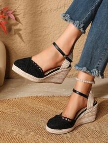 透气闭趾时尚休闲绳编坡跟女凉鞋 - 黑色 - 查看 5