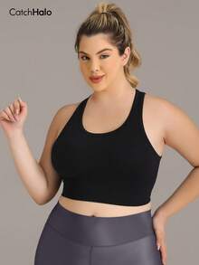 Plus Size Women's Black Short Racing Tank Top, Seamless Wide Strap Round Neck, Fitness Yoga Sports Summer Style - Black - View 6