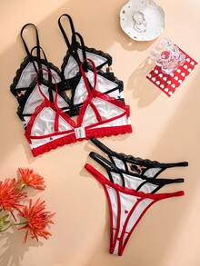 3件套女士蕾丝拼接爱心蝴蝶结性感内衣套装（文胸和内裤） - 彩色 - 查看 3