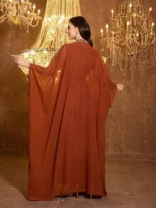 SUPGIR [随机印花] 女士长袖亮片拼接腰带晚礼服 - 橘色 - 查看 3