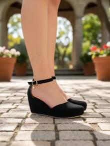 Zapatillas negras cerradas para Mujer, correa tobillo con imitación de diamante, plataforma, verano, casuales, para bodas, fiestas, eventos, antiderrapantes, tacón medio. - Negro - Ver 8