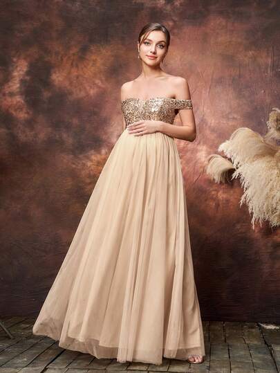 Faeriesty Elegant Maternity Off-Shoulder Party Gown Dress For Women | Sequin-Embellished Bustier Top With Sheer Mesh Hem, For Spring Weddings, Mother's Day Celebrations, Baby Shower Events, Garden Parties, Formal Galas