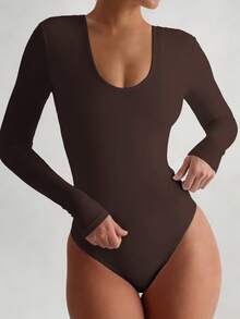 Áo liền thân tay dài ôm sát, cổ khoét sâu, kiểu dáng cơ bản dành cho nữ, thích hợp cho mùa xuân. - màu nâu - Xem 7