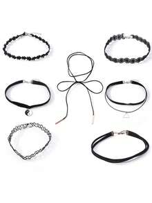 7pcs Gothic Style Lace Choker, Tassel Necklace & Collar Necklace Set For Women - Multicolor - View 4