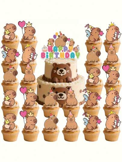 24个可爱水豚蛋糕装饰插牌，萌萌的卡通水豚派对装饰，宝宝生日蛋糕装饰签，主题派对甜点桌用品（水豚款式随机发送）