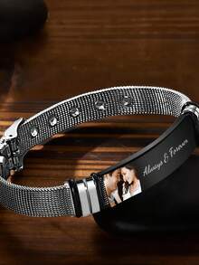 Customized Photo & Engraved Stainless Steel Bracelet Gift, Suitable For Couples, Black, Silver Style, Autumn Fashion, Retro, Contract, Simple Customization, Personalized, Unique Ideal Gift - Custom Mesh Watch Strap Bracelet - View 4
