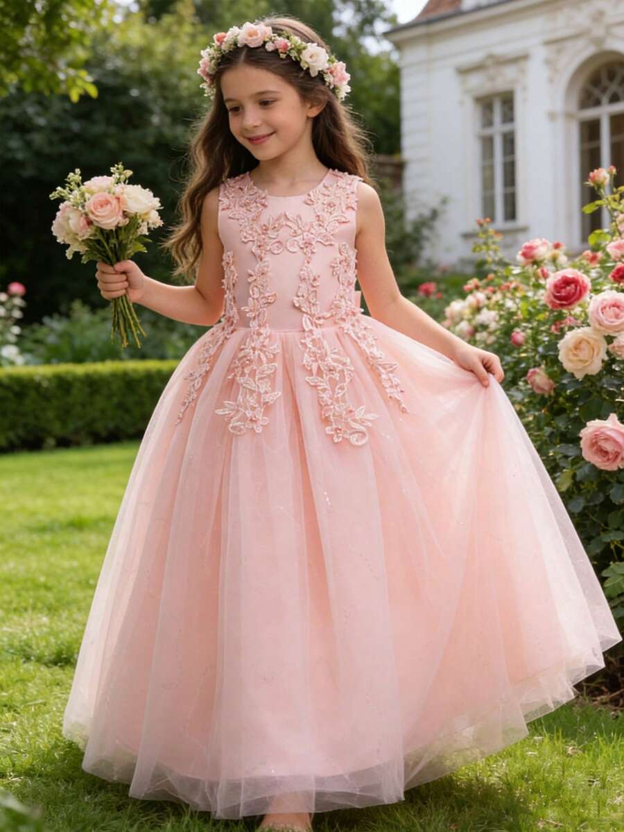 Elegant Pink Flower Girl Dress With Pearl Embroidery & Bow, Wedding, Princess Dress, Prom Dress, Party, Birthday, Summer Wedding, Graduation, Christmas - Pink - View 1