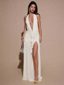 Valentine Outfits For WomenBAE Sexy Minimalist Solid Yellow Cream Deep V-Neck Halter Bodycon Ruched Fitted Women's Maxi Mesh Dress, Suitable For Party, Cocktail, Formal Occasions, Bridesmaid, Birthday, Business Casual, Elegant Women Maxi Dress,Valentine's Day,Valentine Fits For WomenLoose And Comfortablevalentine's Day - 杏色 - 查看 12