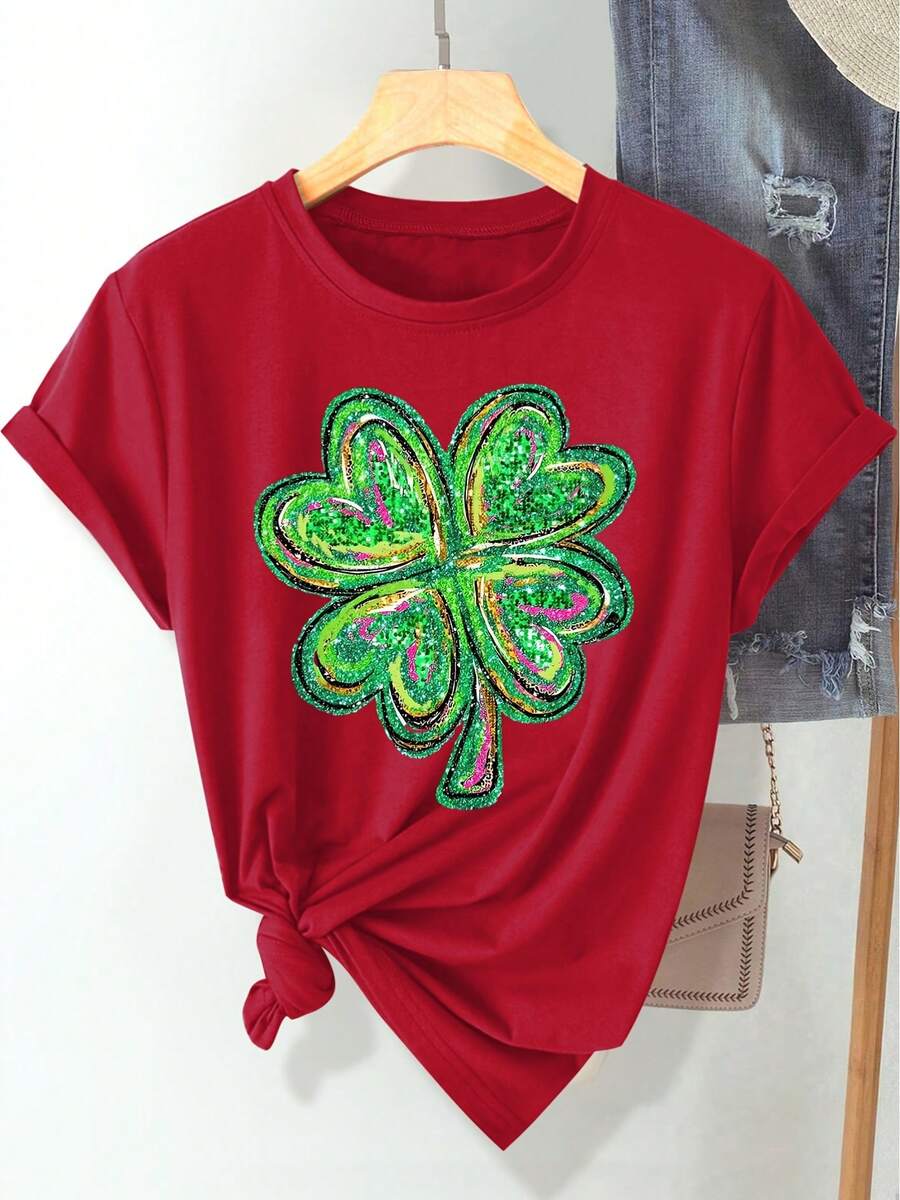 (St. Patrick's Day) Green Pink Black Glitter Texture Design Four-Leaf Clover Pattern Print Fashion Elegant Women's Spring Summer Autumn Casual Sports Style Top Soft Comfortable Round Neck Short Sleeve T-Shirt Available In S-XXL - 紅色 - 查看 1
