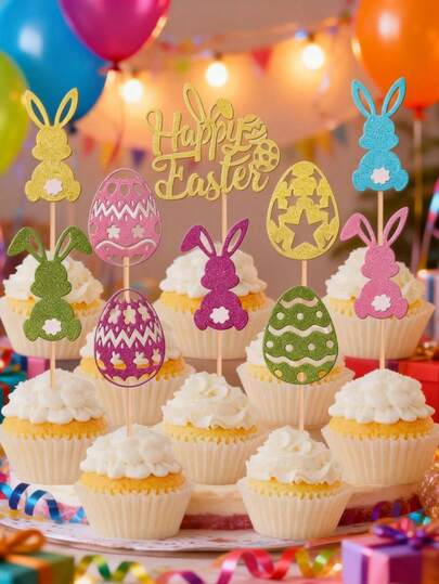 20pcs/10pcs/1pc Easter Theme Cake Decorations And Tags, Happy Easter Bunny Eggs Dessert Table Cake Decor, Easter Bunny Theme Birthday Cake Decorations, Suitable For Easter, Spring Birthday, Baby Shower Parties