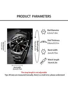 2pcs/Set Jam Tangan Quartz Pria Kasual Minimalis, Set Aksesori Gaya Tangguh Pria (Termasuk Jam Tangan Kronograf Angka Romawi dengan Tali Logam Hitam dan Dial Hitam, serta Gelang Rantai Kuba Hitam) - Hitam - View 3