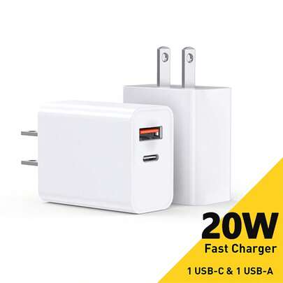 1/2/4 piezas Cargador adaptador de 20W con enchufe estadounidense, Adaptador de carga rápida con puertos duales USB A+C, Bloque de carga resistente con puerto USB Tipo-C, Cargador de pared