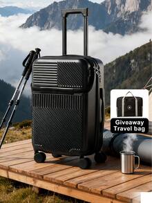Trolley Cart Suitcase With Zipper And TSA Custom Lock, Lightweight Durable Luggage With Cup Holder And Wheels, 20 Inch Convenient Traveling Suitcase For Airplane Train Car Travel Vacation Holiday Honeymoon - 黑色 - 查看 1