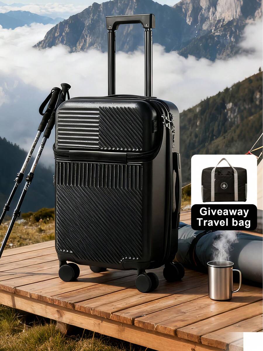 Trolley Cart Suitcase With Zipper And TSA Custom Lock, Lightweight Durable Luggage With Cup Holder And Wheels, 20 Inch Convenient Traveling Suitcase For Airplane Train Car Travel Vacation Holiday Honeymoon - 黑色 - 查看 1