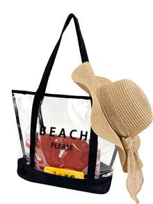 四件套沙滩手提包：印有“Beach Please”字样的透明PVC沙滩包、大容量防水INS风果冻包、春夏镂空遮阳帽、波西米亚风渔夫帽和透气针织宽檐帽。简约大容量单肩包、手提包、便携化妆包、休闲购物袋。 - 彩色 - 查看 14