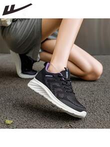 WARRIOR 1双女士透气网面跑步鞋，低帮圆头，轻便防滑系带平底舒适软底休闲运动鞋 - 黑色 - 查看 5